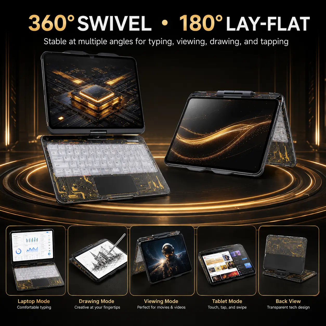 Fro iPad keyboard protective case, compatible , is equipped with a 360° rotatable multi-touch trackpad, an RGB backlit keyboard and a transparent back panel, fits 10th-gen iPad A16 tablet devices, cyberpunk-themed wireless smart digital tablet accessory