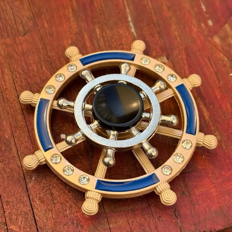 Ship Wheel Fidget Spinner Metal with Blue Accents and Decorative Elements
