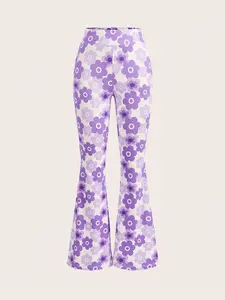 Women’s white base purple floral print flared pants, high-waisted, stretchy, slim fit, figure-flattering, Y2K sweet-and-spicy casual long pants
