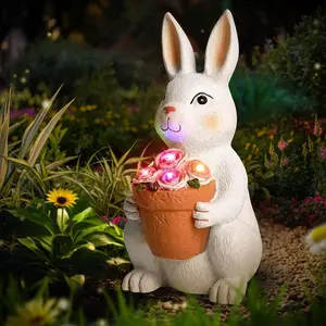 Solar Outdoor Garden Statues- Rabbit with Flowers and 5 Colorful LED Lights, 11.8IN Outdoor Figurine Lights, Solar Garden Bunny Decor for Patio, Unique Gifts for Mom, Birthday, Housewarming