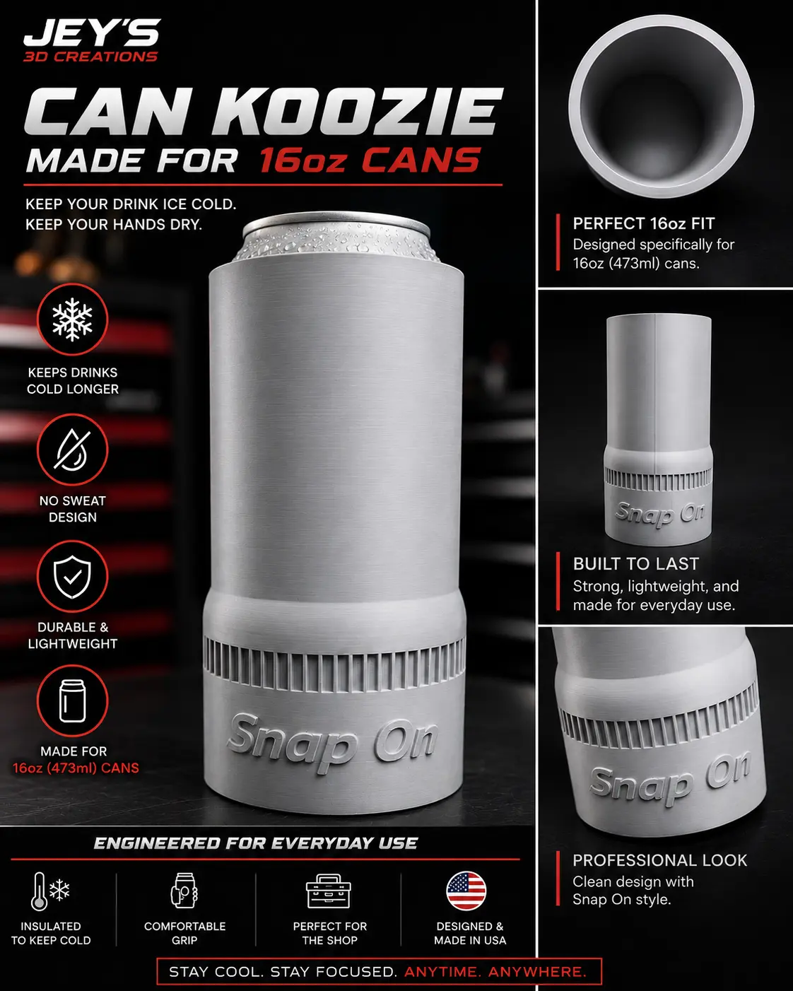 Snap-On Style Semi-Deep Socket Koozie, 16oz Lightweight Portable Printed Drink Accessory, Insulated