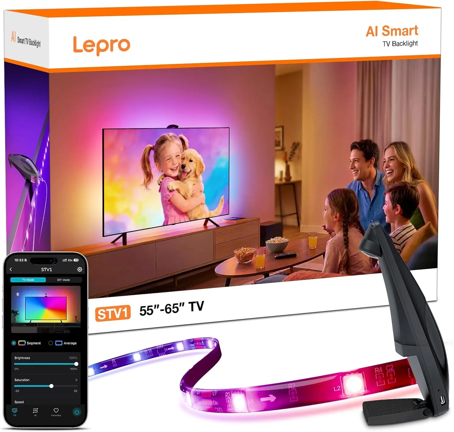 Lepro STV1 RGBW Color Changing App-Controlled Wi-Fi LED Strip Lights, 11.8FT, Ultra-Wide Camera True-to-Screen Sync, Adjustable Intensity, Voice Control, LightIMS Instant Sync, AI Lighting for 55-65In TVs’ Movie Nights & Watch Parties