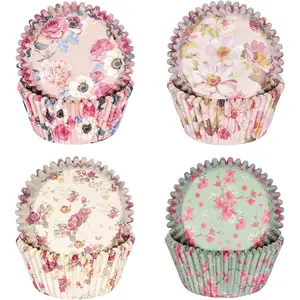 100 Pack Standard Colorful Floral Cupcake Liners Food Grade Disposable Paper Baking Cups Muffin Wrappers for Birthday Tea Themed Party Decor (Floral-4)
