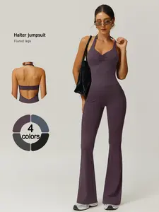 Women's Plain Backless Halter Romper, Sexy Ruched Design, Waist Cinching, Butt Lifting, Gym Workout, Sportswear Jumpsuits, Outdoor Running, Cycling, Backless Sports Jumpsuit, Stylish Activewear