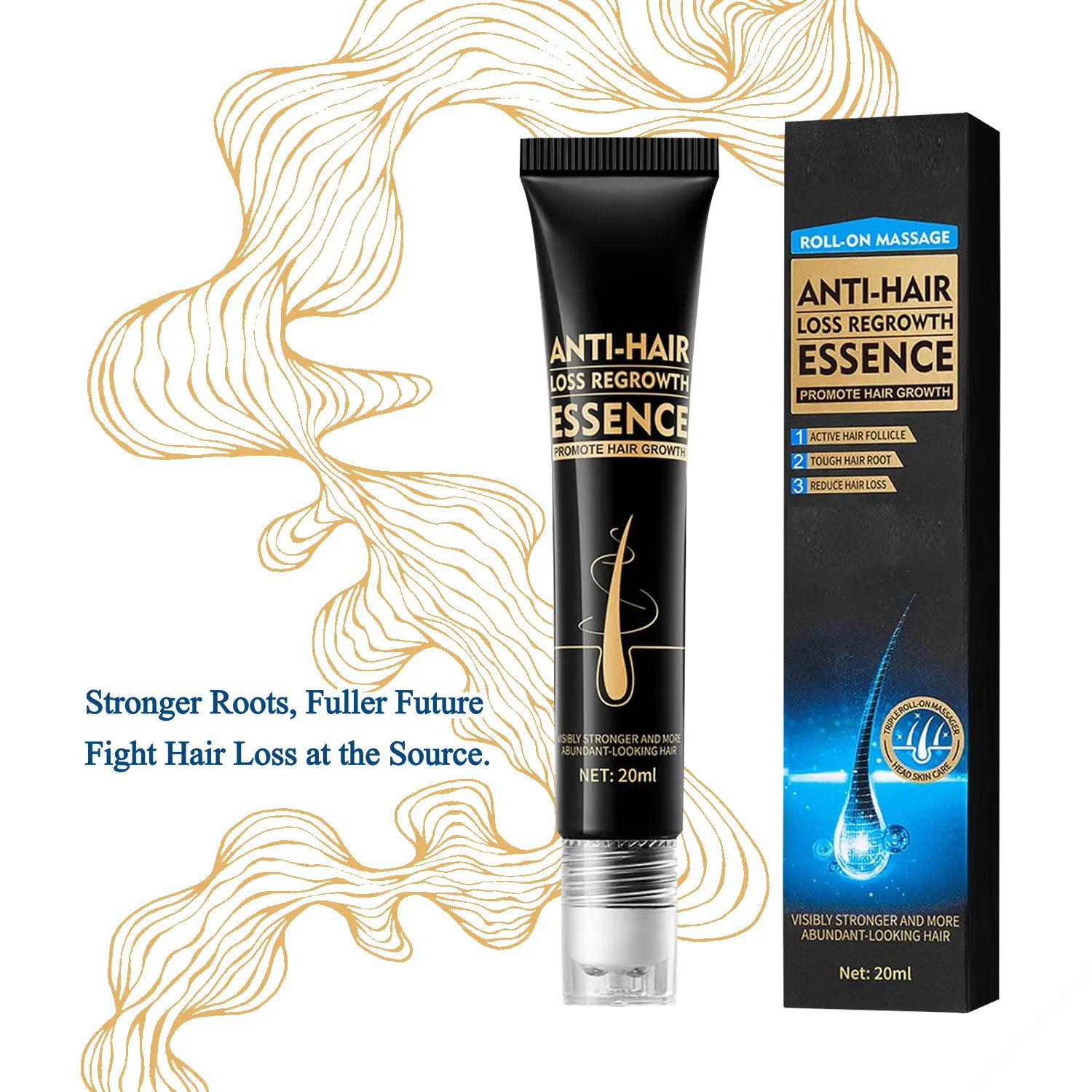 Organic Hair Elixir Roll-On Serum - Anti Hair Loss, Nourishing Scalp Care, Voluminous Wavy Haircare Treatment for Adults, Non-Greasy Unisex, 20 ml, Voluminous Hair