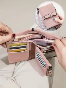 Ladies' Three Fold Wallet, Trifold Wristlet Wallets, Multifunctional Wallet, Multiple Card Slots With ID Windows, Zippered Coin Pocket, Snap Closure, Wrist Strap With Hand-Held Bag, Suitable For Daily Portable Use, Ideal Gift