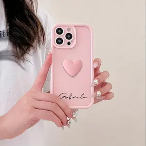 Personalized Custom Big Letters Customized Name Minimalist Anti Fall Phone Case Compatible With iPhone 17 16 15 14 13 12 11 Pro Max Luxury Acrylic 3D Love Heart Soft Pattern DIY Shockproof Gift Cover 14 15 16 Plus 17 Air