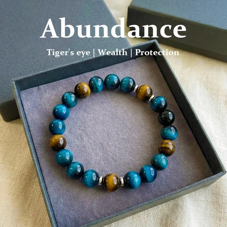 [Free 14K Gold Pendant] Natural Tiger's Eye Wealth-Attracting Healing Crystal Bracelet - Blue & Yellow Beads for Abundance, Prosperity, Emotional Stability, Unisex September Birthstone, Colorful Natural Crystal Bracelets & Anklets Compatible