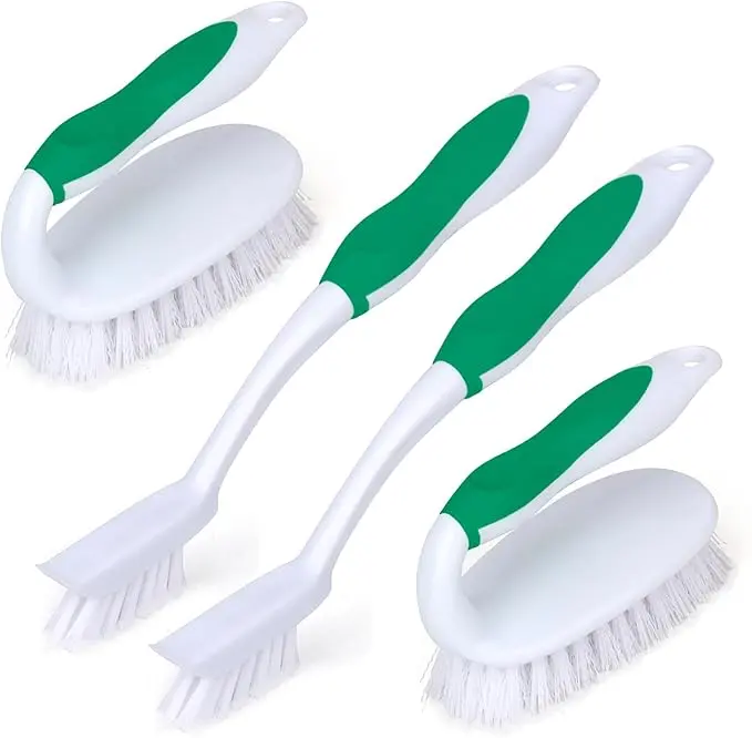 4-Pack Deep Cleaning Scrub Brush Set with Grout Brushes & Built-In Scraper, Heavy-Duty Cleaning Kit for Floors, Shower, Tub, Pool Walls & Household Use, Green Toilet Bristle