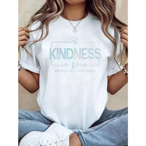 Fashionable women's retro print round-neck short-sleeve T-shirt with the message "Kindness is free, spread it everywhere." Suitable for casual daily wear, Birthday  a Mother's Day gift for mom