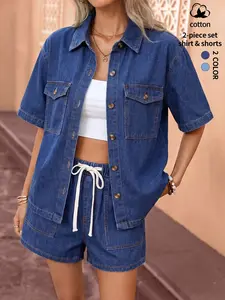 Women's Summer Loose Denim Two-Piece Set with Old Money Wash Effect, Short Sleeve Shirt and Elastic Waist Shorts, Practical Large Pockets, Soft Breathable Fabric for Casual Daily and Vacation Wear