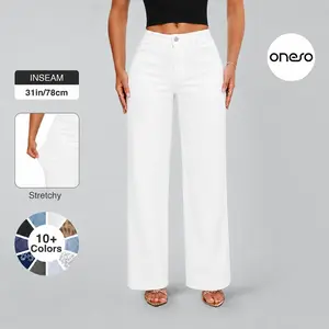 ONESO Tummy Control Triple-Protection White Baggy Jeans for Women Stretchy Wide Leg Denim Pants Water-Repellent BBL Casual Streetwear Outfits