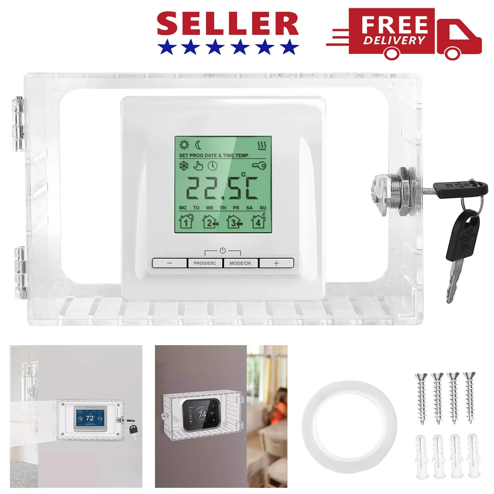 Airbnb Host Essential Universal Thermostat Lock Box with Combination Lock Clear Acrylic Cover Guard No Drill Installation Energy Bill Saver for Rental Property Office Home