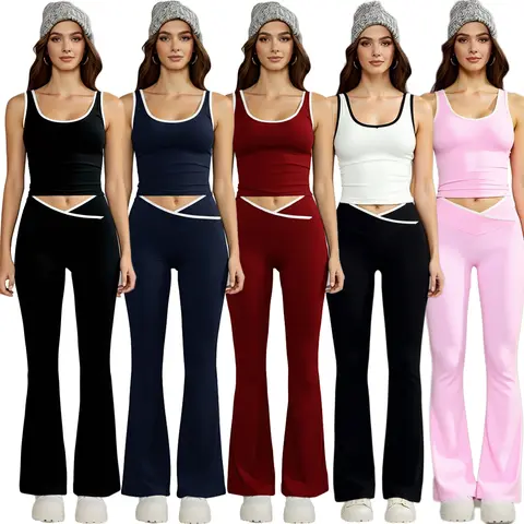 Women's Fitted 2-Piece Textured Athleisure Gym Clothes Set - Sleeveless Bodycon Tank, Crossover V-Cut Flared Leggings, Quick Dry Fitness Outfits for Yoga, Gym Workout Sets Women