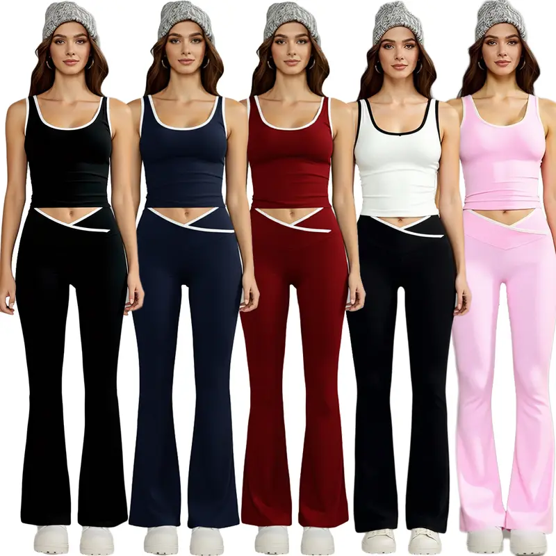 Women's Fitted 2-Piece Textured Athleisure Gym Clothes Set - Sleeveless Bodycon Tank, Crossover V-Cut Flared Leggings, Quick Dry Fitness Outfits for Yoga, Gym Workout Sets Women