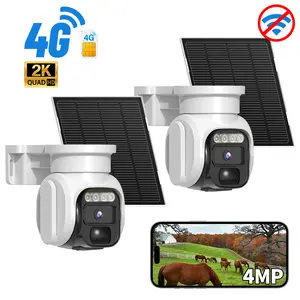 [2 PACK] 4G LTE Security Camera Solar Wireless Outdoor, 2K Color Night Vision PIR Motion Detection Alerts 355° Pan Tilt Two-Way Talk Solar and Battery Powered Weatherproof Cloud SD Storage Family Share White