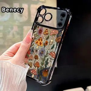 Electroplated Four Corner Anti-Fall Fashion flower mushroom Pattern Phone Case for iPhone 17 16 Pro Max 15 Plus 14 13 12 11 Air E Shockproof Transparent Protective Cover Protection Cellphone Casing