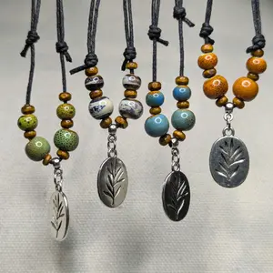 Ceramic Beaded Stamped Leaf Charm Boho Hippie Whimsical Adjustable Black Rope Cord Choker Stacking Necklace jewelry