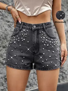 Women's Summer Rhinestone Denim Shorts, High-Waisted Rivet Water Drill Ultra-Short Pants, Street Style Sexy Casual Party Beachwear Button