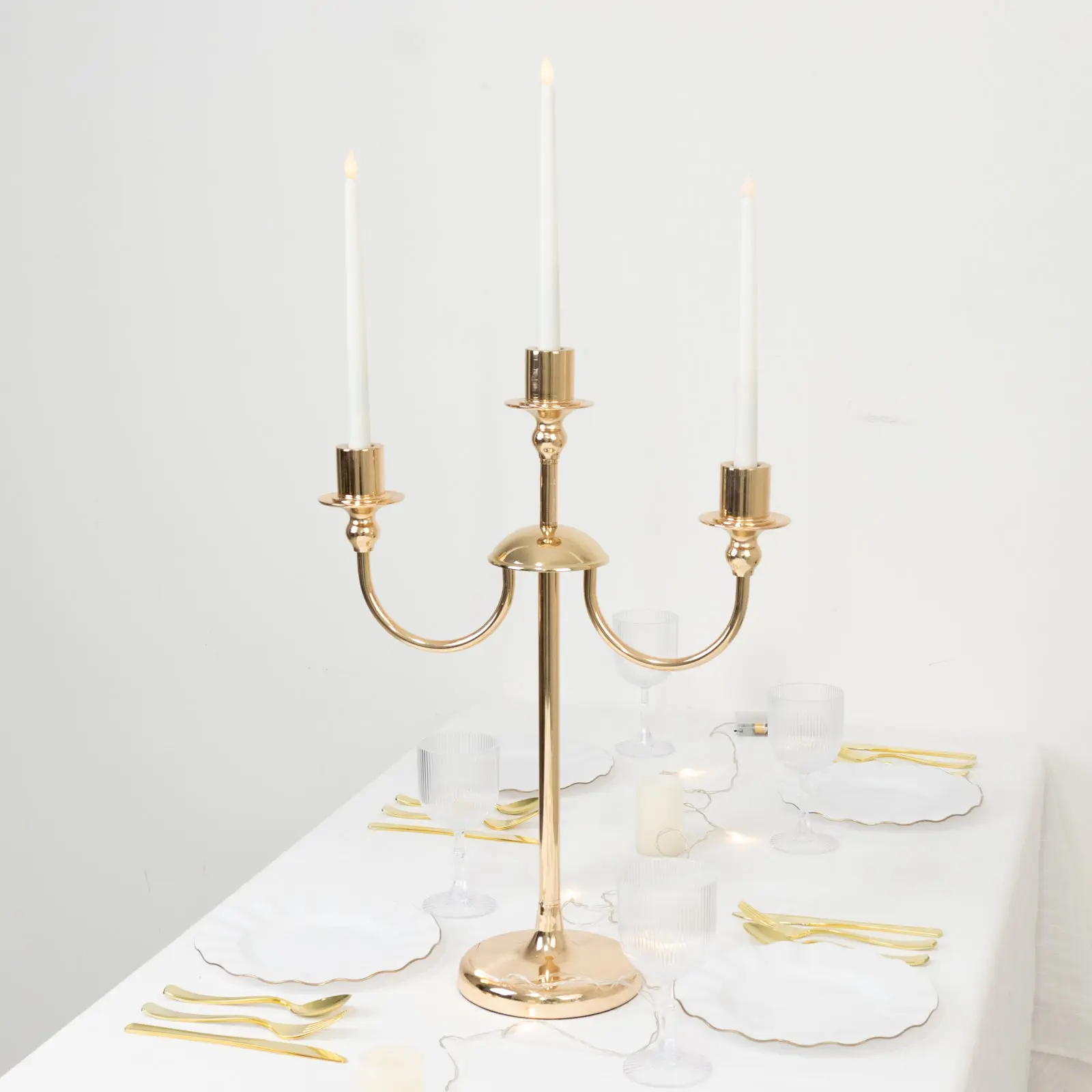 Gold 3-Arm Metal Candelabra – 22" Tall Modern Taper Candle Holder Centerpiece Stand