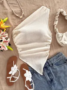 Women's Solid Color One Shoulder Tank Top, Casual Sleeveless Top for Holiday Vacation, Ladies Clothes for Summer, Womenswear