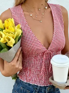 Women's Classic Feminine Gingham Print Tank Top, Womenswear, Deep V Neck, Front Tie Detail, Full Smocked Waist, Sleeveless, Ruffled Hem, Lightweight Breathable Woven Fabric, Daily Casual Vacation Date Commute Wear