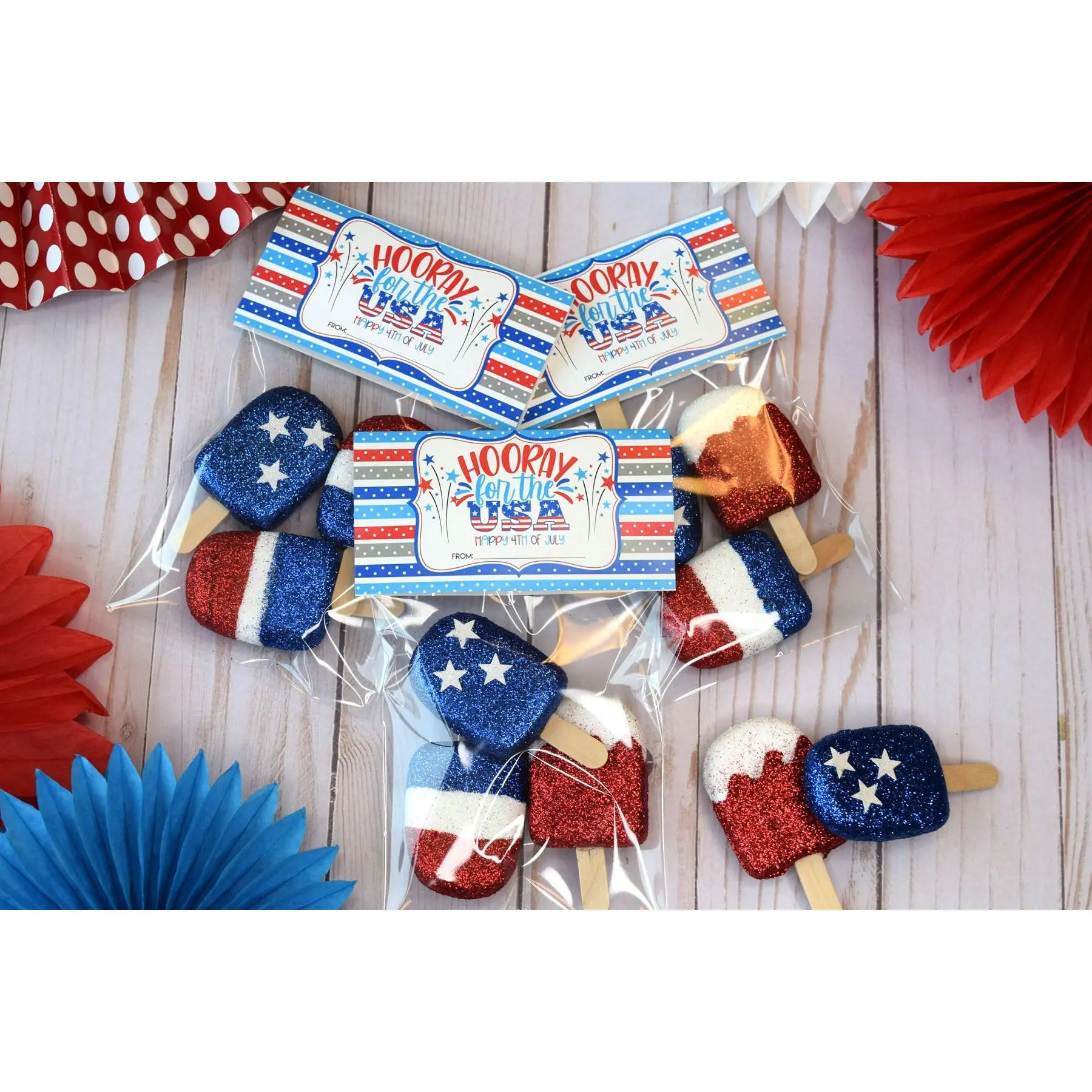 4th of July Treat Bag Toppers Party Favor for Kids - 20 Adorable Bag Toppers & Food Safe Bags Included - Professionally Printed on 80# Cardstock Paper - Easy Assembly - Made in USA