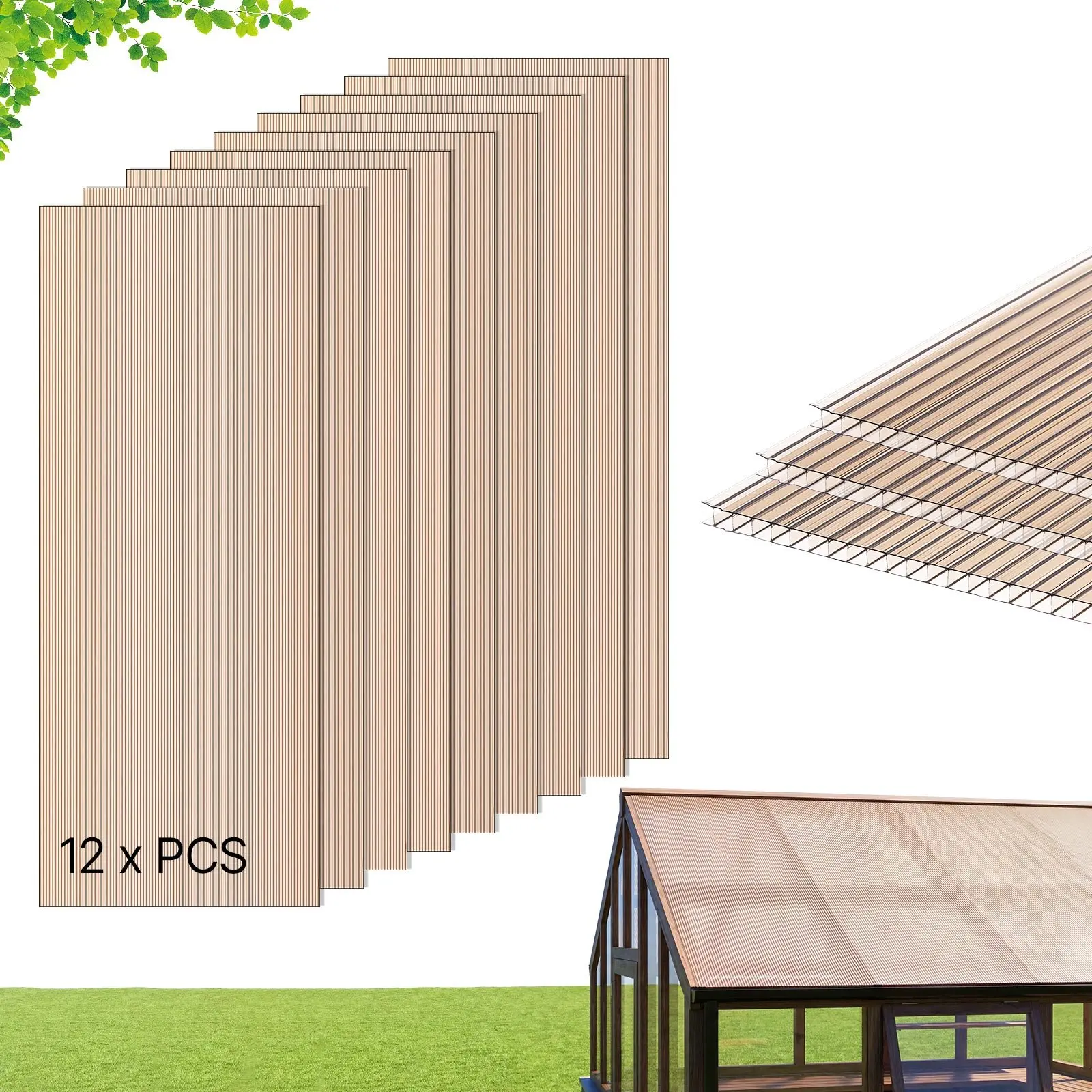 VEVOR Polycarbonate Roof Panels, 12Pcs Double-Layer High-Impact Corrugated Plastic Panels, Easy to Trim and Cold-Bend Waterproof Cover for Greenhouses, Sunrooms, Enclosures (5'x2'x0.24')