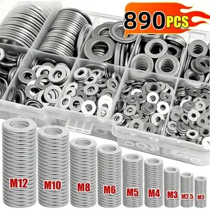 This 890-piece set of 304 stainless steel flat washers includes fender washers and lock washers in sizes M2, M2.5, M3, M4, M5, M6, M8, M10, and M12.