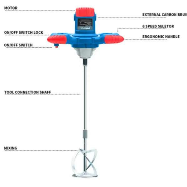 Heavy Duty Electric Concrete Mixer, 2100W All-Copper Tool, S-Shaped Mixing Rod, 6-Speed Adjustable, Ergonomic Steering Handle, Threaded Port, Professional for Cement, Mortar