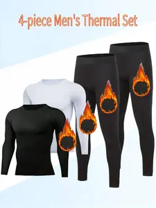 Men's 4-piece Thermal Set Fleece Lined for Continuous Warmth Ideal for Casual Wear Loungewear and Outdoor Sport Menswear black sport active  joggers thermal coverall long