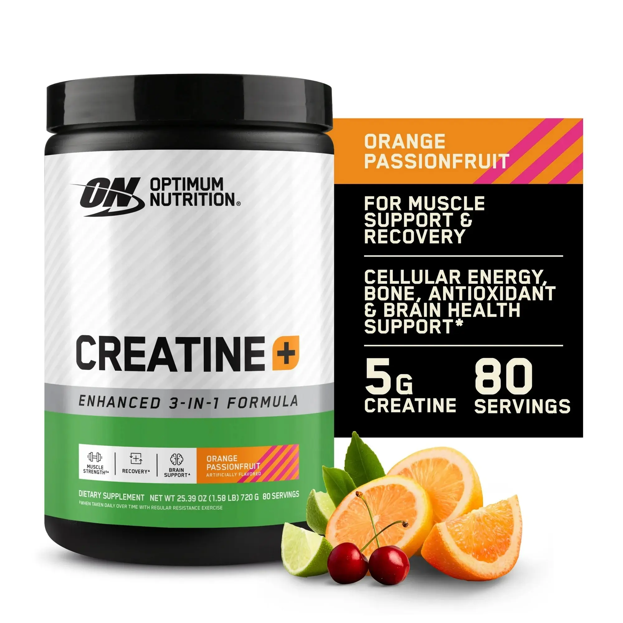 Optimum Nutrition Creatine+ Dietary Supplement Powder - Orange Passionfruit Flavor, 80 Servings with Micronized Creatine Monohydrate for Muscle Building Support, Creatine Monohydrate Carbohydrate Supplements, Micronized Creatine Carbohydrate Supplements