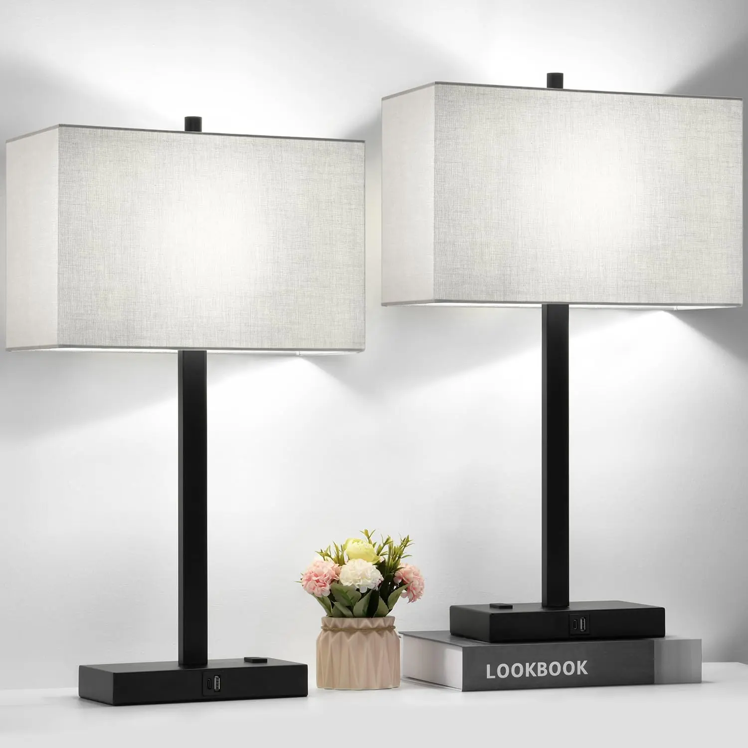 21" Set of 2  Touch Control Table Lamps with 2 USB & AC Outlets, 3-Way Dimmable Modern Nightstand Lamps for Bedroom Living Room Office Reading, Gray Shade Bedside Lamps, Home Decor,5000K LED Bulbs Included