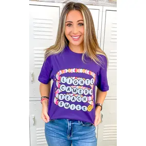 Tees2urdoor Women's Cotton Fitted Shortsleeve Crew Neck Purple "Lights Camera Teach Smile" Graphic Streetwear T-Shirt, Everyday-Casual Top, Tshirt