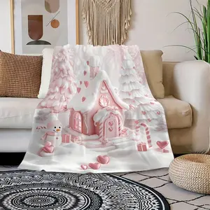 Cozy Christmas Pink Gingerbread House Throw Blanket Reversible Super Soft Flannel Fleece, Cartoon Snowman Tree Design, All-Season Multipurpose Digital Print, Polyester, Ideal For Bed, Couch, Home Decor Xmas Gifts Halloween Christmas Gift Blanket