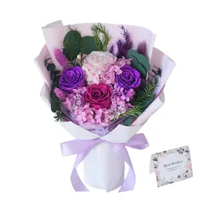 100% Real Fresh Flowers Made Bouquet, Lasts 3+ Years, No Water No Sun No Maintenance, 4 Roses Mixed, Birthday Gift for Her