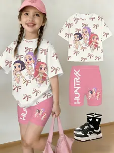 Girls Summer Kpop Demon Hunters Series T-Shirt Shorts Set, Q Version Bow Full Print Cartoon, Casual Streetwear Gift for Children