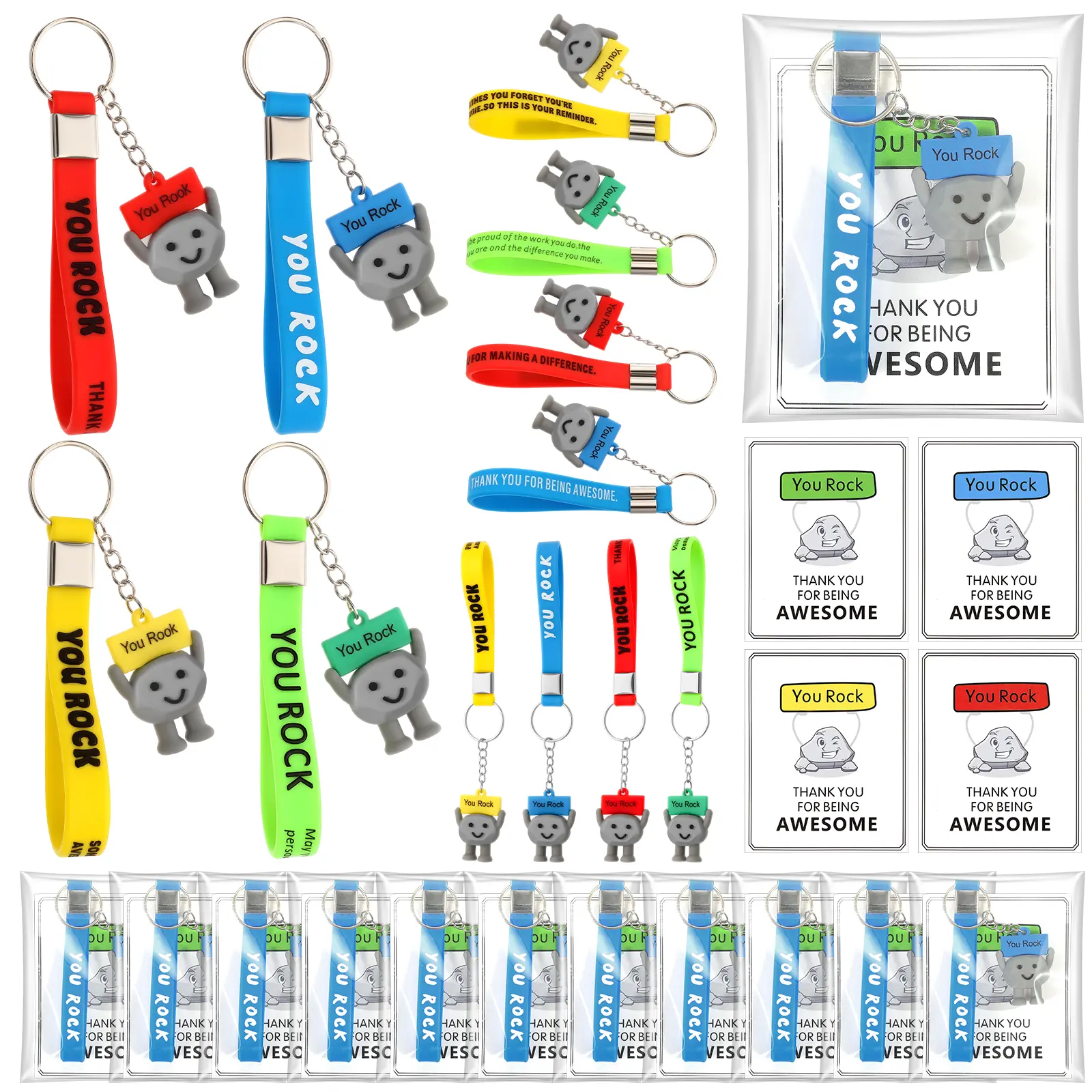 Keychain Gift for Student 12set Keychain You Rock Keychain and Bracelets Positive Gift Inspirational Keychain with Motivitinal Quotes Emotional Support Gift for Office Coworker Colleague Staff Friends Family Student Teacher