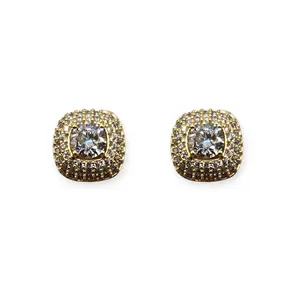 Square 14k Gold Plated 3D Cubic Zirconia Stud Earrings
