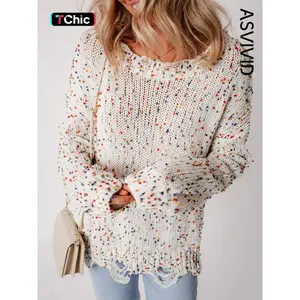 Women's Colorful Pom Pom Decor Drop Shoulder Sweater, Casual Long Sleeve Round Neck Ripped Jumper for Fall & Winter, Fashion Ladies' Knitwear for Daily Wear