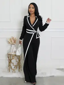 Elegant Women's Long Sleeve Slim Fitted Jumpsuit, Chic Belted Waist Design, Colorblock Patchwork, Fall & Winter Fashion, Office Wear, Womenswear