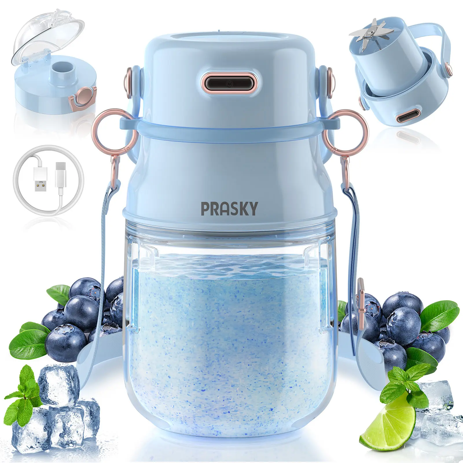 PRASKY Portable Blender with Type-C Rechargeable, 27oz BPA-Free Blender Cup for Smoothies, Protein Shakes & Fresh Juices, Ideal for Gym, Travel, Kitchen and Wellness Use, Multi Use Blending, Shoulder Strap