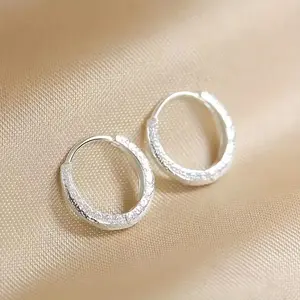 Classic 925 Sterling Silver Hoop Earrings with Frosted Finish - Hypoallergenic, Timeless Everyday Elegance