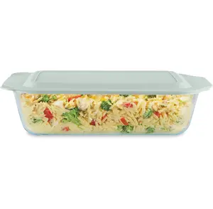 Pyrex Deep Glass Baking Dish with Plastic Lid, Deep Casserole Dish, Glass Food Container, Oven, Freezer and Microwave Safe, Clear Container, 7x11