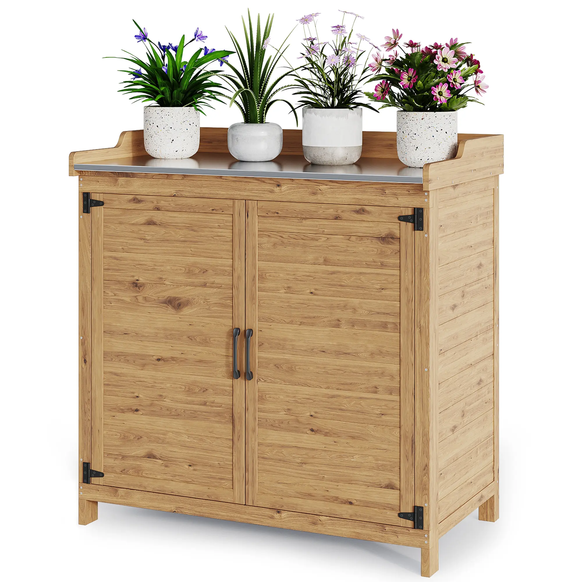 Gizoon Outdoor Potting Bench with Metal Tabletop, Solid Wood Storage Cabinet, Adjustable Shelf, Double Doors, Real Wood-Pine Storage Bench for Backyard, Patio, Solid Wood Storage Benches, Real Wood Storage Benches
