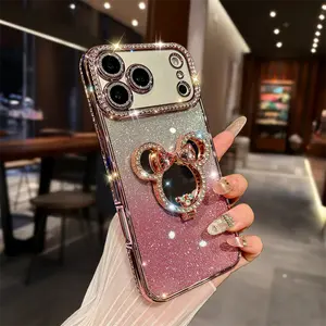 Creative sparkling diamond mirror holder phone case for iPhone 17Pro Max 16 pro max Soft Casing Transparent Shockproof Cover summerwins