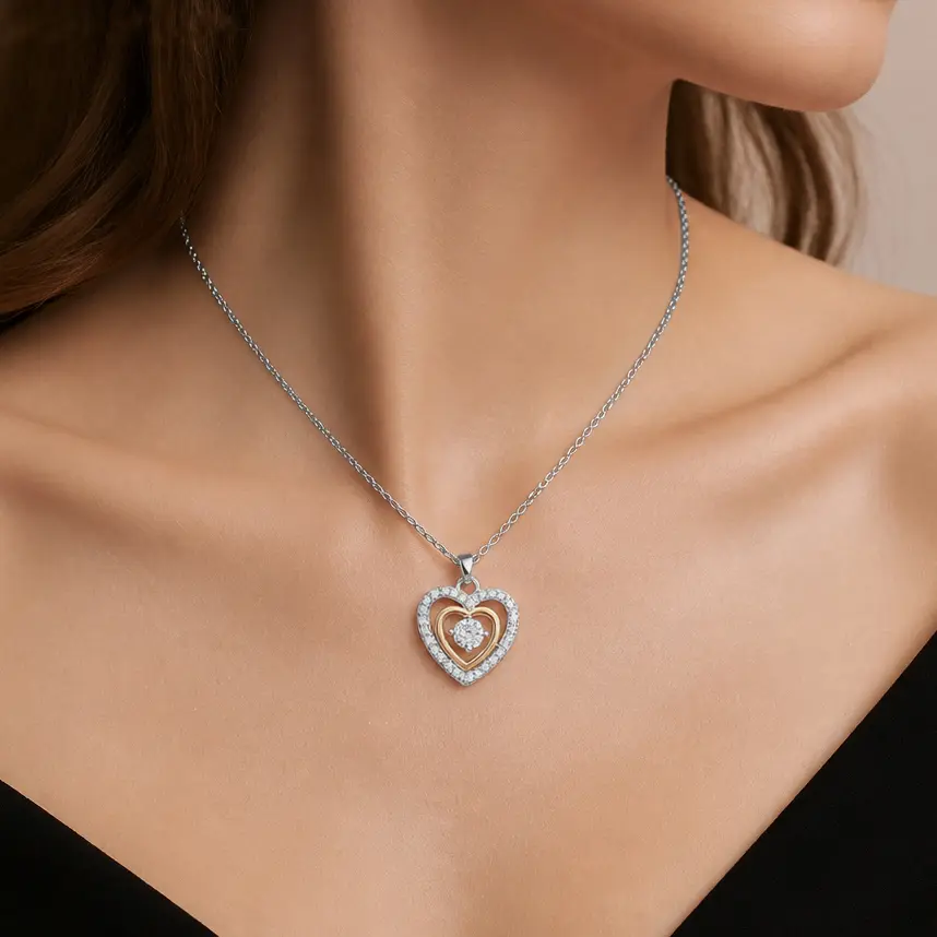 Women's "Woven Light 2 Hearts Beat As 1" Moissanite Heart Necklaces, Silver-Plated 2-Tone Double Pendant, Meaningful Anniversary Valentine's Gift for Wife, Meaningful Gifts