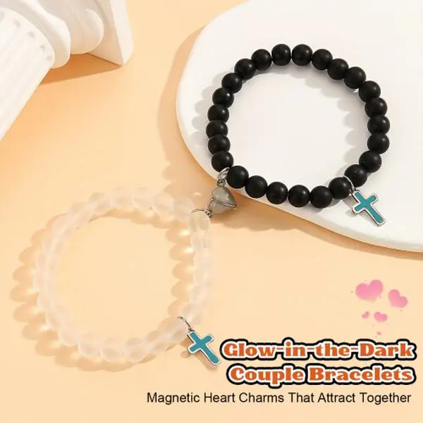 Glow-in-the-Dark Couple Bracelets with Magnetic Heart Charms That Attract Together Black & Clear Beads,Trendy Fashionable Accessories