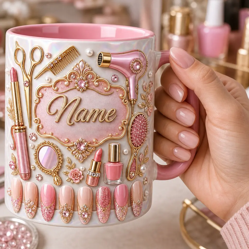 Personalized Beauty Salon Mug 2D Printed 3D Effect, Custom Name Pink Ceramic Coffee Cup with Hair Tools Nail Art Design, Gift for Hairstylist Nail Tech Women