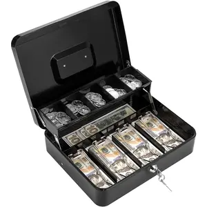 Box with Lock Key and  Tray - Large  Box for  Register, Metal Lock Box for  Safe 11.8" x 9.4" x 3.54" Black